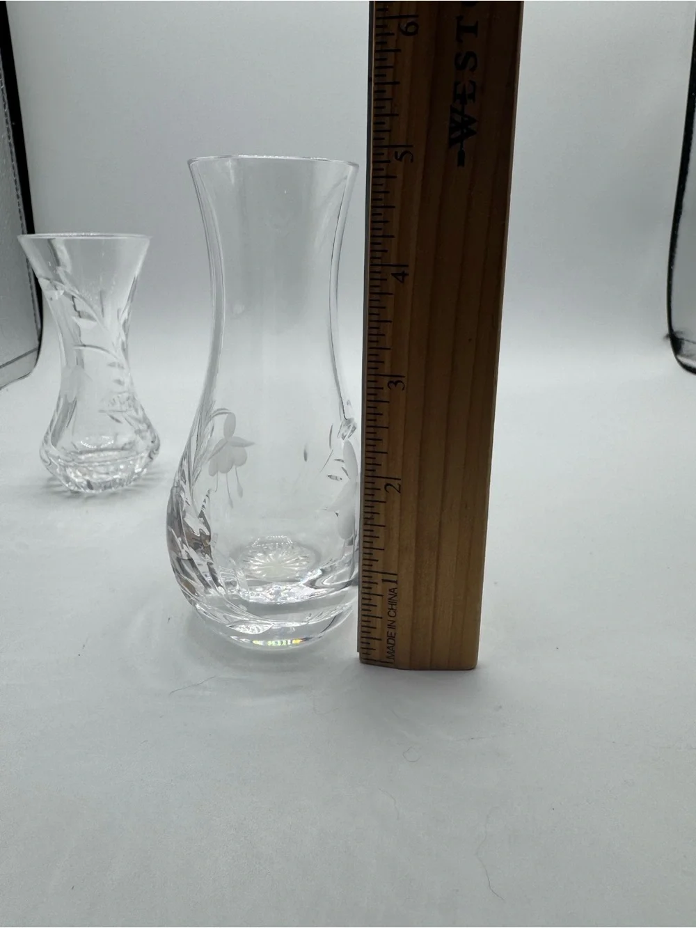 Vintage Stuart Lead Crystal Fuchsia Etched Set of 2 Bud Vase